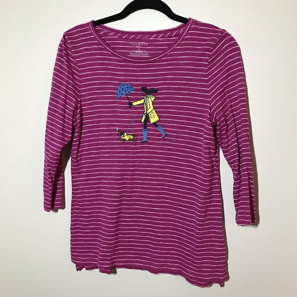 Talbots med petite cotton blend 3/4 sleeve shirt embroidered woman walking dog